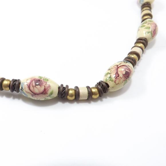 Vintage Porcelain Artisan Necklace, Floral Beads Leather, 1970s Vintage Jewelry - Picture 2 of 10